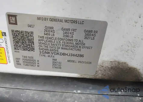 2017 Chevrolet Traverse 1Lt из США, поврежденный, VIN 1GNKVGKD8HJ344286